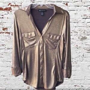 INC, Gold Shimmering, Fitted Button Up Blouse, Med